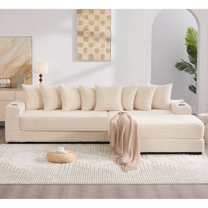 English Elm [new Arrived] Corduroy Modular Sectional Sofa with Sleeper Function Footstool and Cup Holders Beige W2108S00132