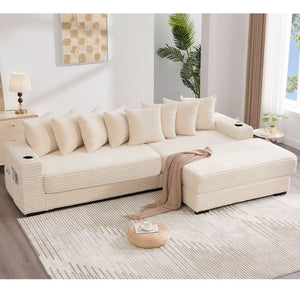 English Elm [new Arrived] Corduroy Modular Sectional Sofa with Sleeper Function Footstool and Cup Holders Beige W2108S00132