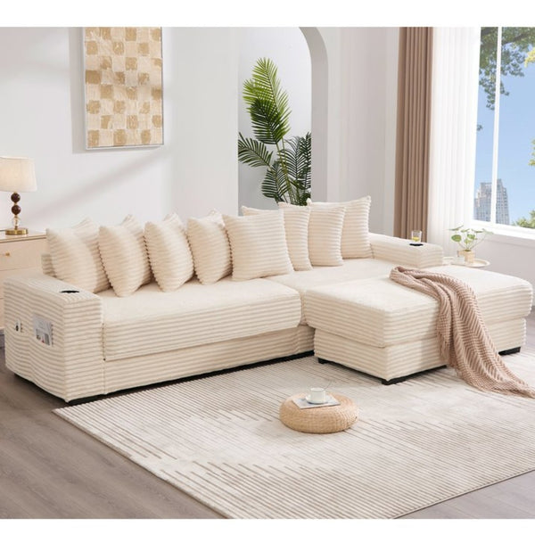 English Elm [new Arrived] Corduroy Modular Sectional Sofa with Sleeper Function Footstool and Cup Holders Beige W2108S00132