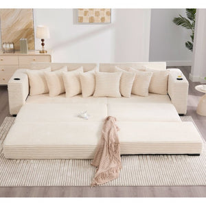 English Elm [new Arrived] Corduroy Modular Sectional Sofa with Sleeper Function Footstool and Cup Holders Beige W2108S00132