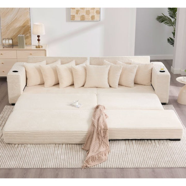 English Elm [new Arrived] Corduroy Modular Sectional Sofa with Sleeper Function Footstool and Cup Holders Beige W2108S00132