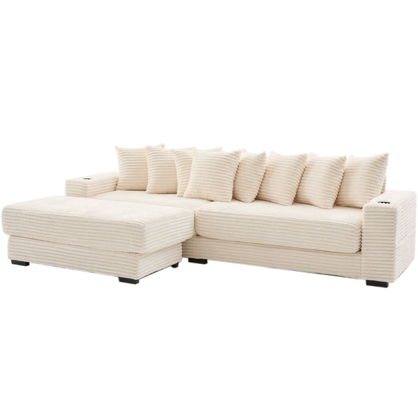 English Elm [new Arrived] Corduroy Modular Sectional Sofa with Sleeper Function Footstool and Cup Holders Beige W2108S00132
