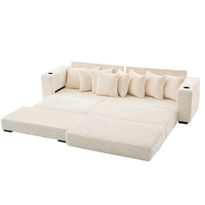 English Elm [new Arrived] Corduroy Modular Sectional Sofa with Sleeper Function Footstool and Cup Holders Beige W2108S00132