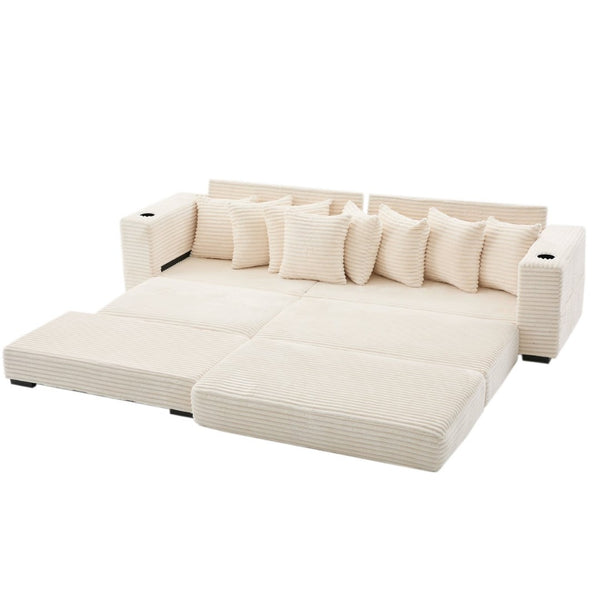 English Elm [new Arrived] Corduroy Modular Sectional Sofa with Sleeper Function Footstool and Cup Holders Beige W2108S00132