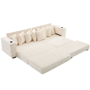 English Elm [new Arrived] Corduroy Modular Sectional Sofa with Sleeper Function Footstool and Cup Holders Beige W2108S00132
