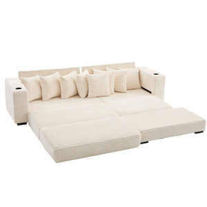 English Elm [new Arrived] Corduroy Modular Sectional Sofa with Sleeper Function Footstool and Cup Holders Beige W2108S00132