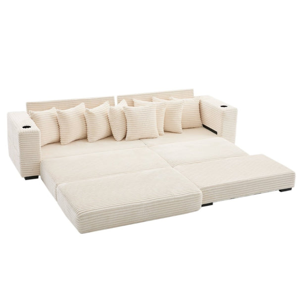 English Elm [new Arrived] Corduroy Modular Sectional Sofa with Sleeper Function Footstool and Cup Holders Beige W2108S00132