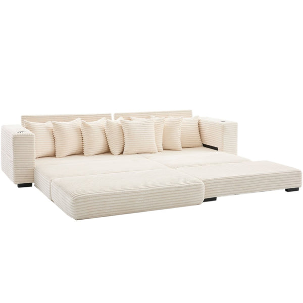 English Elm [new Arrived] Corduroy Modular Sectional Sofa with Sleeper Function Footstool and Cup Holders Beige W2108S00132