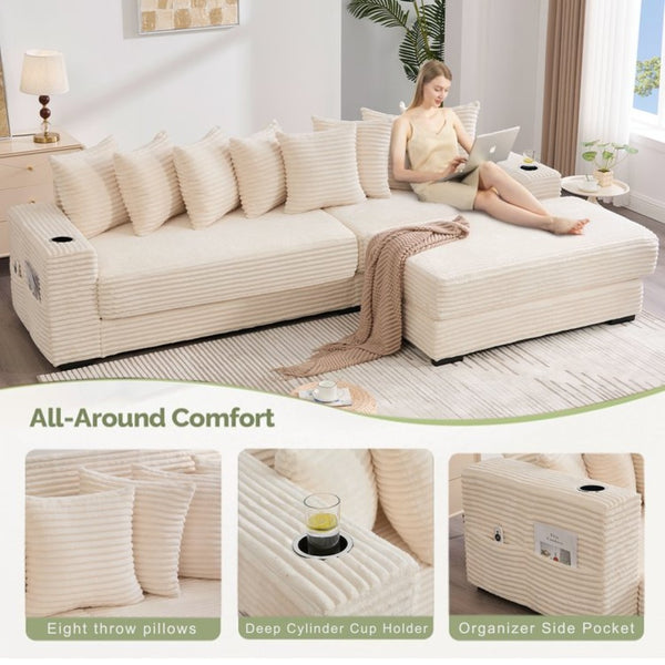 English Elm [new Arrived] Corduroy Modular Sectional Sofa with Sleeper Function Footstool and Cup Holders Beige W2108S00132