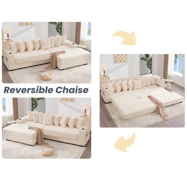 English Elm [new Arrived] Corduroy Modular Sectional Sofa with Sleeper Function Footstool and Cup Holders Beige W2108S00132