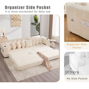 English Elm [new Arrived] Corduroy Modular Sectional Sofa with Sleeper Function Footstool and Cup Holders Beige W2108S00132
