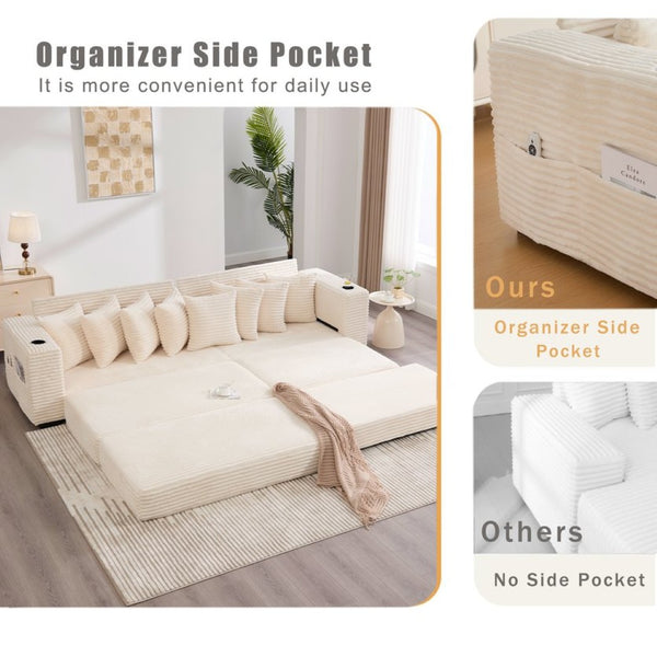 English Elm [new Arrived] Corduroy Modular Sectional Sofa with Sleeper Function Footstool and Cup Holders Beige W2108S00132