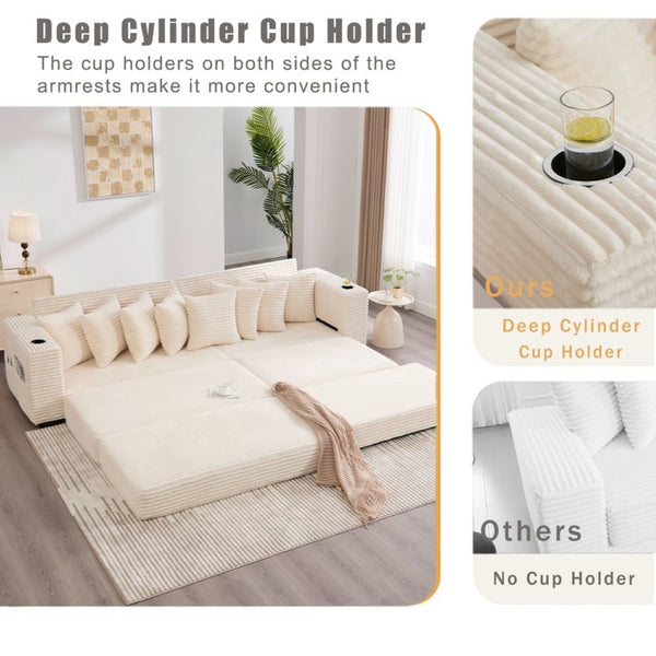 English Elm [new Arrived] Corduroy Modular Sectional Sofa with Sleeper Function Footstool and Cup Holders Beige W2108S00132