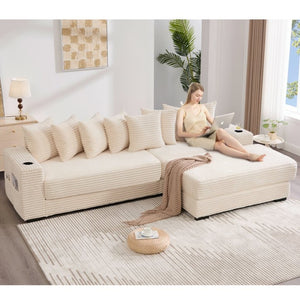 English Elm [new Arrived] Corduroy Modular Sectional Sofa with Sleeper Function Footstool and Cup Holders Beige W2108S00132
