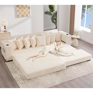 English Elm [new Arrived] Corduroy Modular Sectional Sofa with Sleeper Function Footstool and Cup Holders Beige W2108S00132