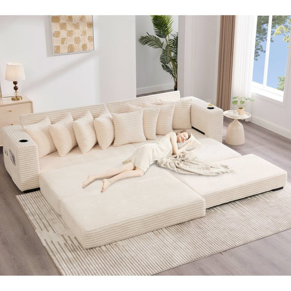English Elm [new Arrived] Corduroy Modular Sectional Sofa with Sleeper Function Footstool and Cup Holders Beige W2108S00132