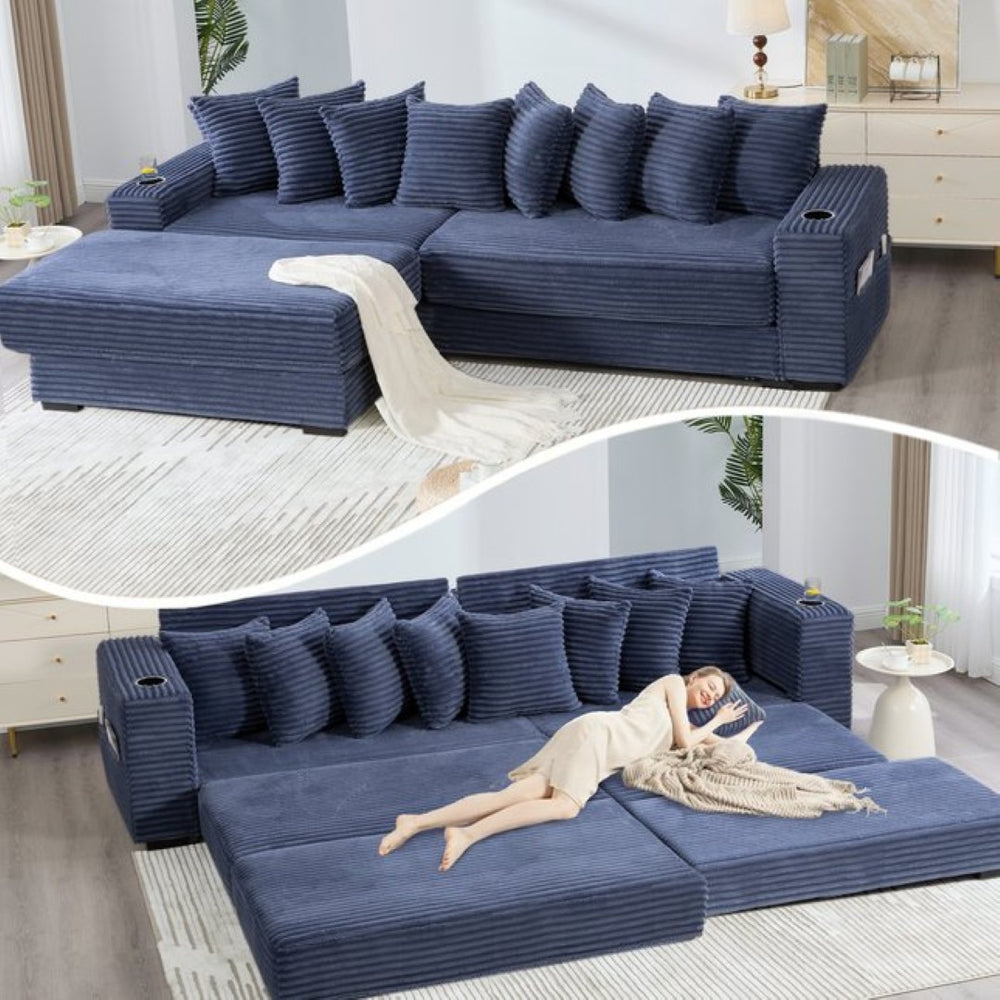 English Elm [new Arrived] Corduroy Modular Sectional Sofa with Sleeper Function Footstool and Cup Holders Blue W2108S00133