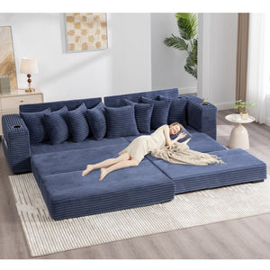 English Elm [new Arrived] Corduroy Modular Sectional Sofa with Sleeper Function Footstool and Cup Holders Blue W2108S00133