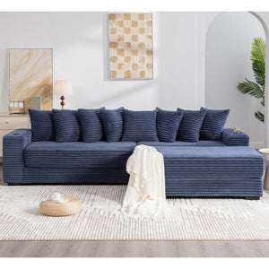 English Elm [new Arrived] Corduroy Modular Sectional Sofa with Sleeper Function Footstool and Cup Holders Blue W2108S00133