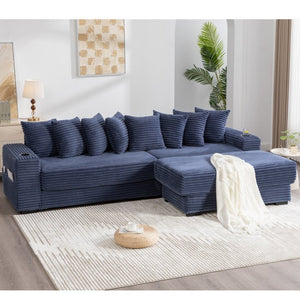English Elm [new Arrived] Corduroy Modular Sectional Sofa with Sleeper Function Footstool and Cup Holders Blue W2108S00133