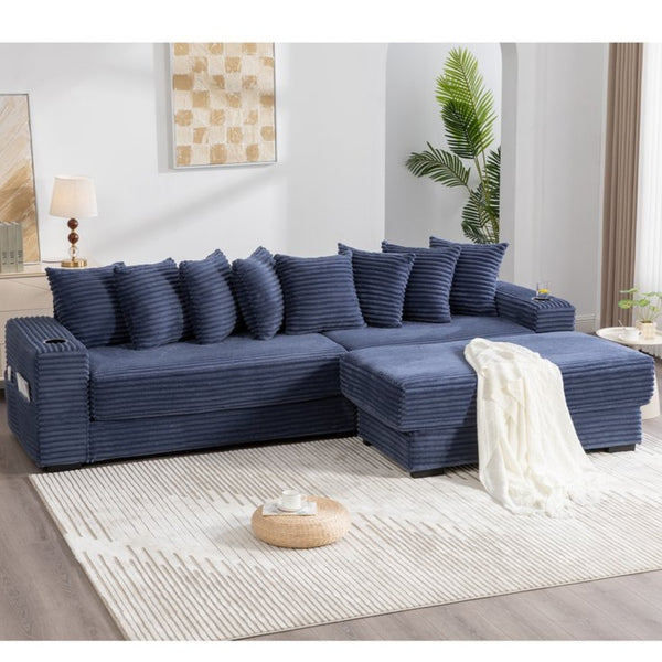 English Elm [new Arrived] Corduroy Modular Sectional Sofa with Sleeper Function Footstool and Cup Holders Blue W2108S00133