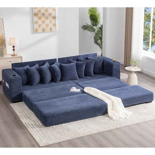 English Elm [new Arrived] Corduroy Modular Sectional Sofa with Sleeper Function Footstool and Cup Holders Blue W2108S00133