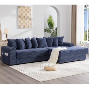 English Elm [new Arrived] Corduroy Modular Sectional Sofa with Sleeper Function Footstool and Cup Holders Blue W2108S00133