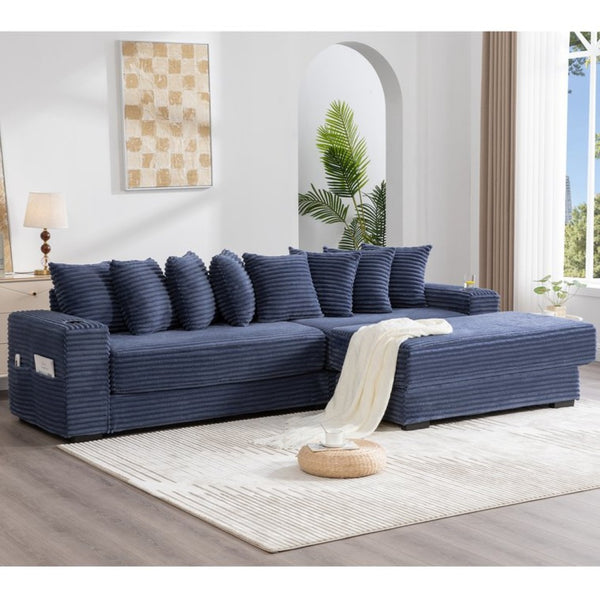 English Elm [new Arrived] Corduroy Modular Sectional Sofa with Sleeper Function Footstool and Cup Holders Blue W2108S00133