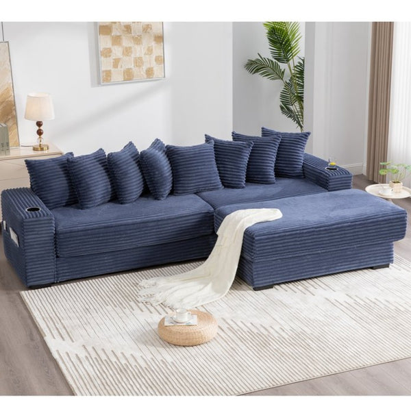 English Elm [new Arrived] Corduroy Modular Sectional Sofa with Sleeper Function Footstool and Cup Holders Blue W2108S00133