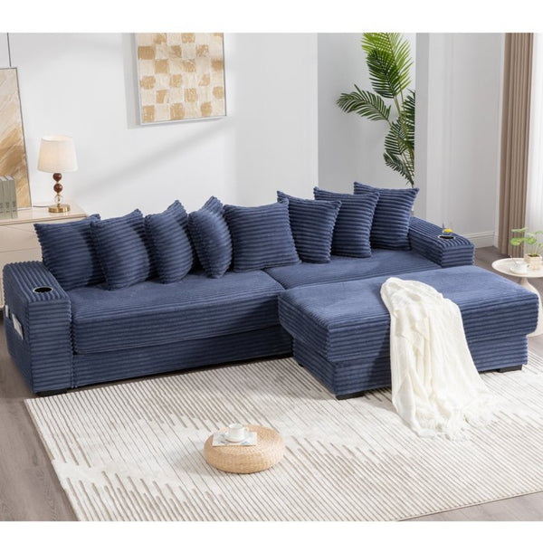 English Elm [new Arrived] Corduroy Modular Sectional Sofa with Sleeper Function Footstool and Cup Holders Blue W2108S00133