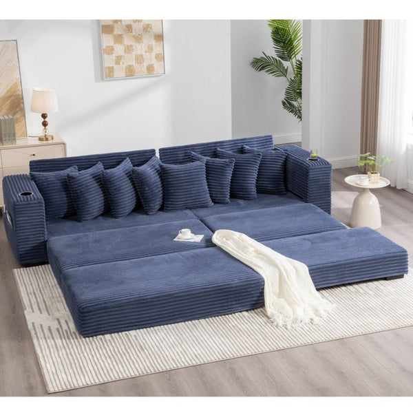 English Elm [new Arrived] Corduroy Modular Sectional Sofa with Sleeper Function Footstool and Cup Holders Blue W2108S00133