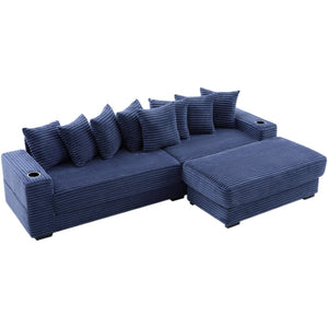 English Elm [new Arrived] Corduroy Modular Sectional Sofa with Sleeper Function Footstool and Cup Holders Blue W2108S00133