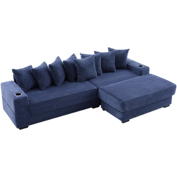 English Elm [new Arrived] Corduroy Modular Sectional Sofa with Sleeper Function Footstool and Cup Holders Blue W2108S00133