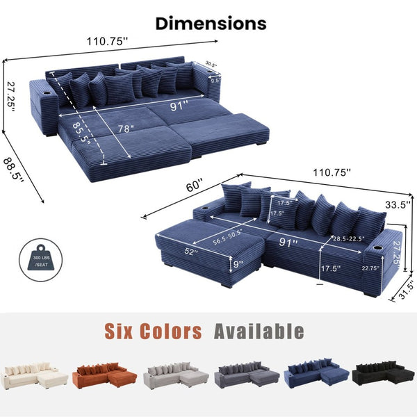 English Elm [new Arrived] Corduroy Modular Sectional Sofa with Sleeper Function Footstool and Cup Holders Blue W2108S00133