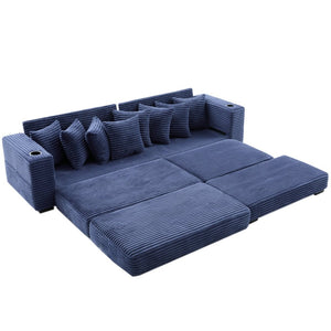 English Elm [new Arrived] Corduroy Modular Sectional Sofa with Sleeper Function Footstool and Cup Holders Blue W2108S00133