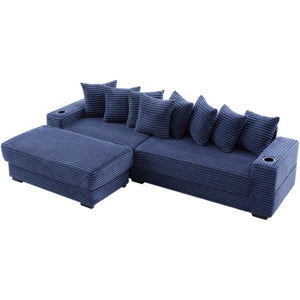 English Elm [new Arrived] Corduroy Modular Sectional Sofa with Sleeper Function Footstool and Cup Holders Blue W2108S00133