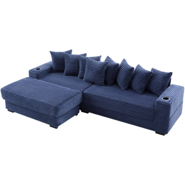 English Elm [new Arrived] Corduroy Modular Sectional Sofa with Sleeper Function Footstool and Cup Holders Blue W2108S00133