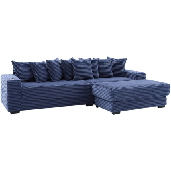 English Elm [new Arrived] Corduroy Modular Sectional Sofa with Sleeper Function Footstool and Cup Holders Blue W2108S00133