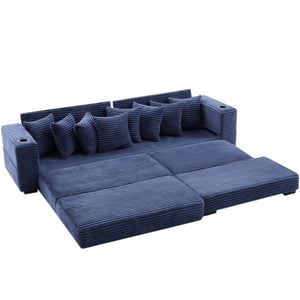 English Elm [new Arrived] Corduroy Modular Sectional Sofa with Sleeper Function Footstool and Cup Holders Blue W2108S00133