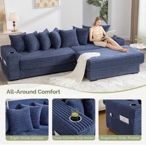 English Elm [new Arrived] Corduroy Modular Sectional Sofa with Sleeper Function Footstool and Cup Holders Blue W2108S00133