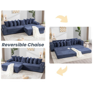 English Elm [new Arrived] Corduroy Modular Sectional Sofa with Sleeper Function Footstool and Cup Holders Blue W2108S00133