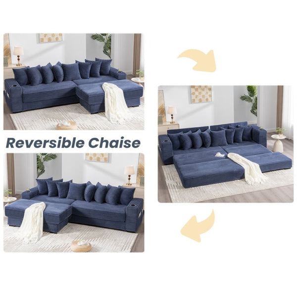 English Elm [new Arrived] Corduroy Modular Sectional Sofa with Sleeper Function Footstool and Cup Holders Blue W2108S00133