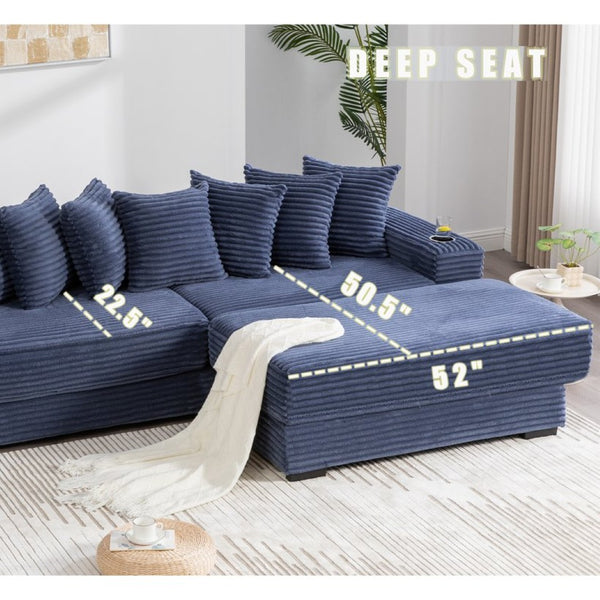 English Elm [new Arrived] Corduroy Modular Sectional Sofa with Sleeper Function Footstool and Cup Holders Blue W2108S00133