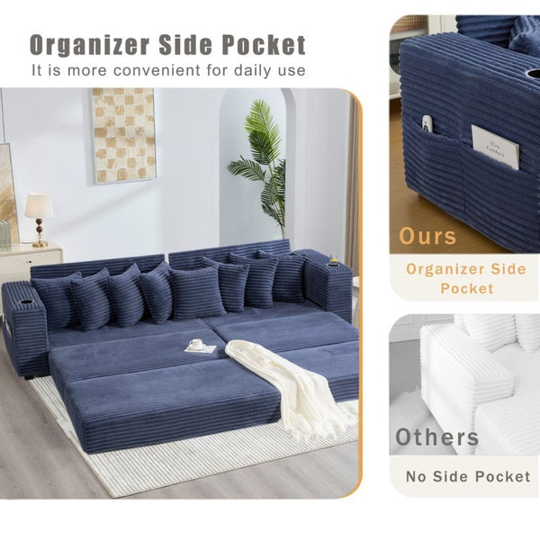 English Elm [new Arrived] Corduroy Modular Sectional Sofa with Sleeper Function Footstool and Cup Holders Blue W2108S00133