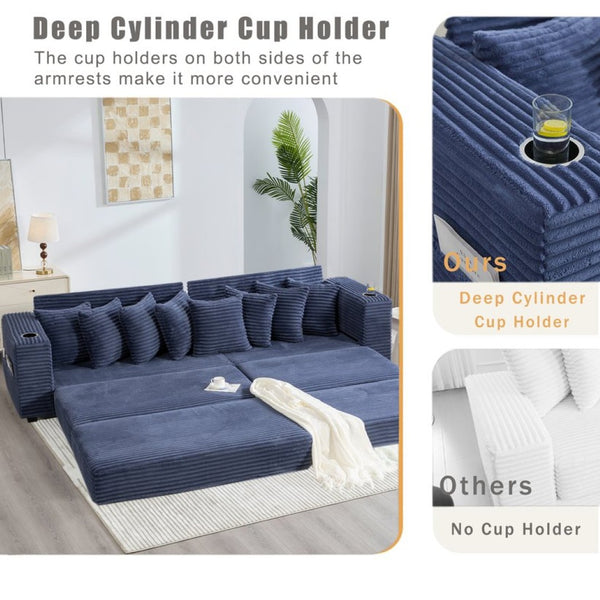 English Elm [new Arrived] Corduroy Modular Sectional Sofa with Sleeper Function Footstool and Cup Holders Blue W2108S00133