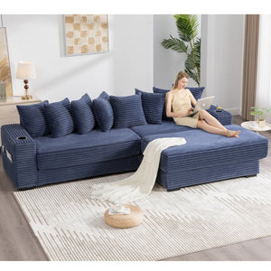 English Elm [new Arrived] Corduroy Modular Sectional Sofa with Sleeper Function Footstool and Cup Holders Blue W2108S00133