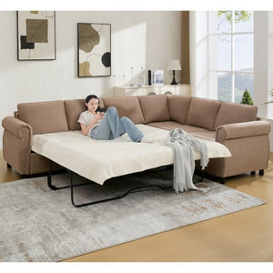 English Elm New L Shaped Sectional Sleeper Sofa Six Seat Pull Out Bed with Riveted Polyester Upholstery W2108S00134