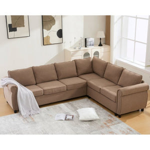 English Elm New L Shaped Sectional Sleeper Sofa Six Seat Pull Out Bed with Riveted Polyester Upholstery W2108S00134