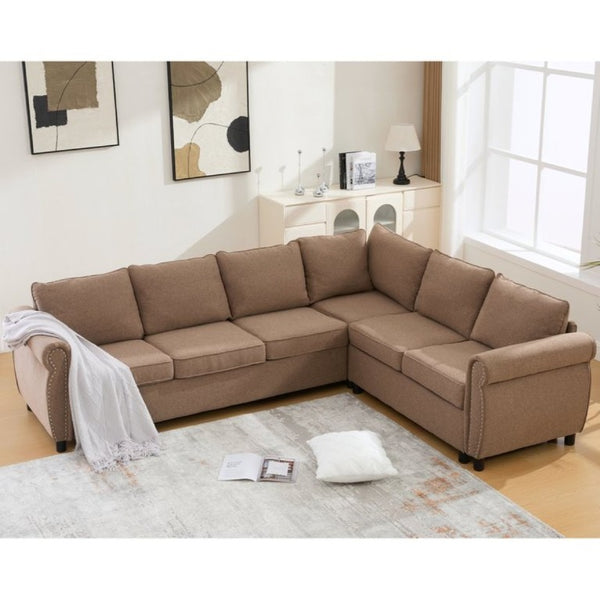 English Elm New L Shaped Sectional Sleeper Sofa Six Seat Pull Out Bed with Riveted Polyester Upholstery W2108S00134