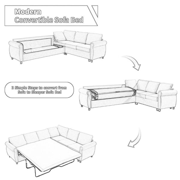 English Elm New L Shaped Sectional Sleeper Sofa Six Seat Pull Out Bed with Riveted Polyester Upholstery W2108S00134